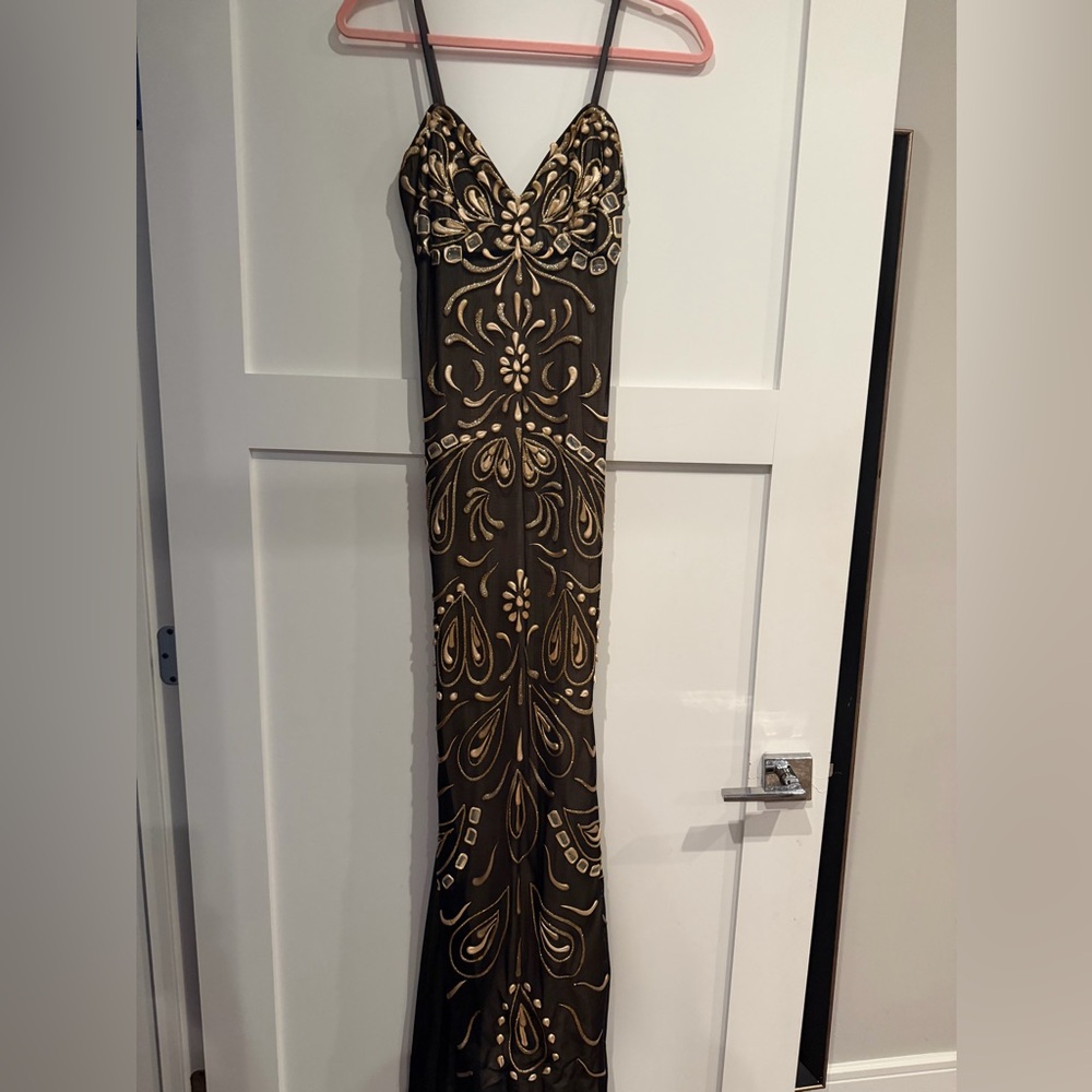 NWT HOLT Maison de Luxe Black Gold Embellished Maxi Gown